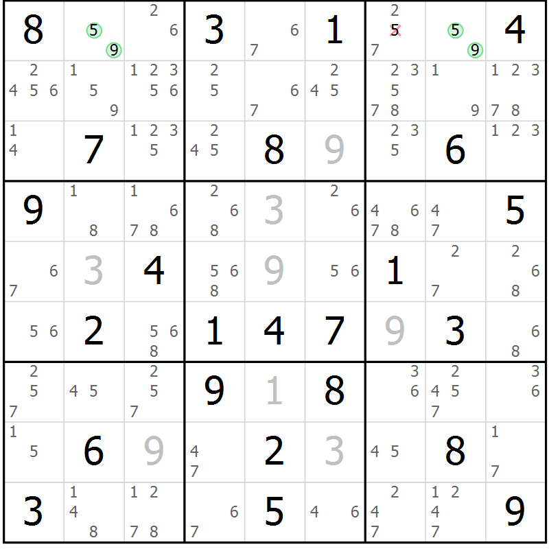 Position des candidats pour la solution de la Gr 83 page 86 du magazine de sudoku Maestro n° 103