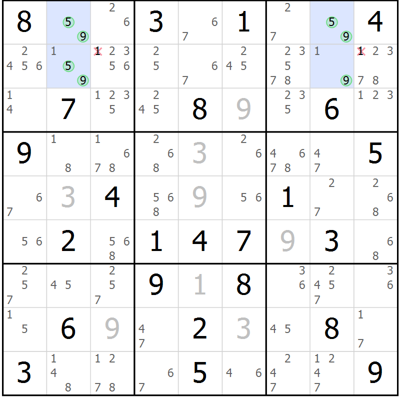 Position des candidats pour la solution de la Gr 83 page 86 du magazine de sudoku Maestro n° 103