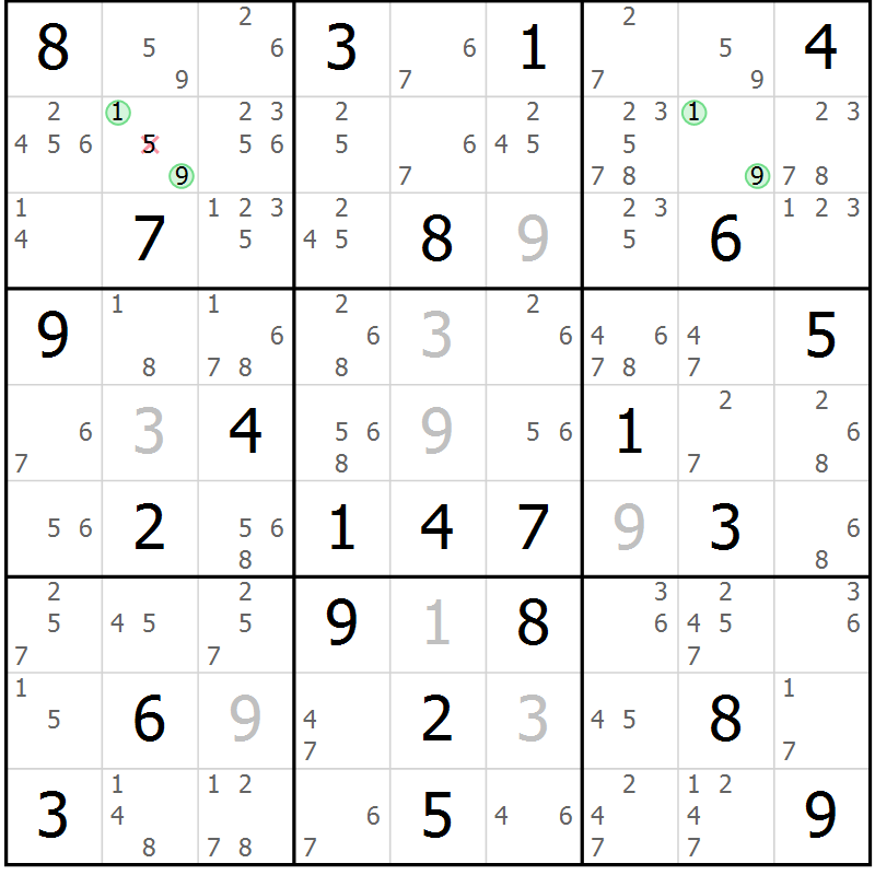 Position des candidats pour la solution de la Gr 83 page 86 du magazine de sudoku Maestro n° 103