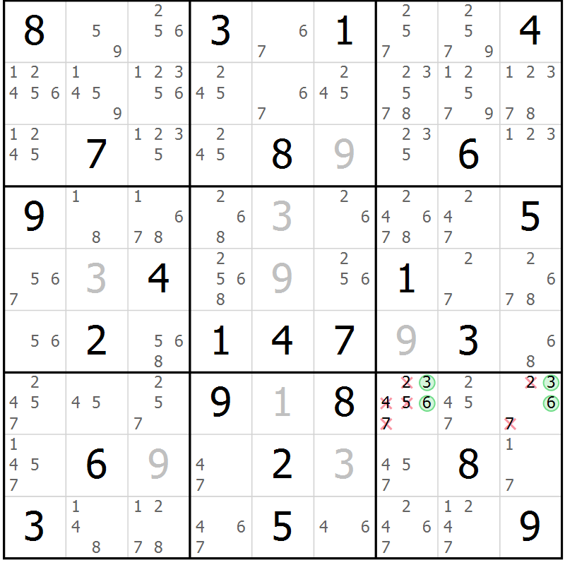 Position des candidats pour la solution de la Gr 83 page 86 du magazine de sudoku Maestro n° 103