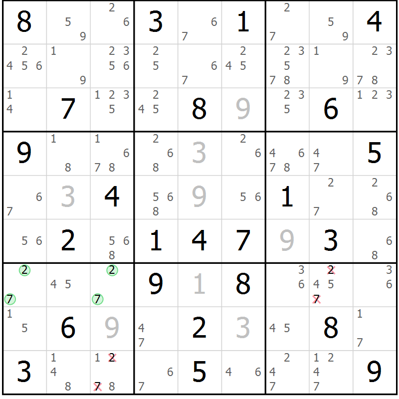 Position des candidats pour la solution de la Gr 83 page 86 du magazine de sudoku Maestro n° 103