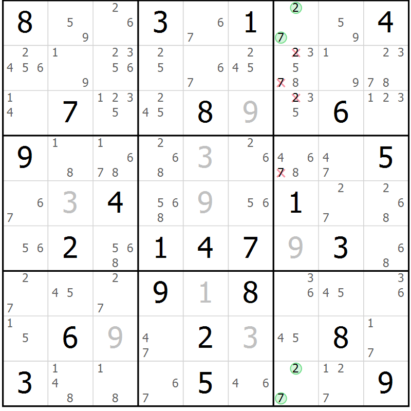 Position des candidats pour la solution de la Gr 83 page 86 du magazine de sudoku Maestro n° 103