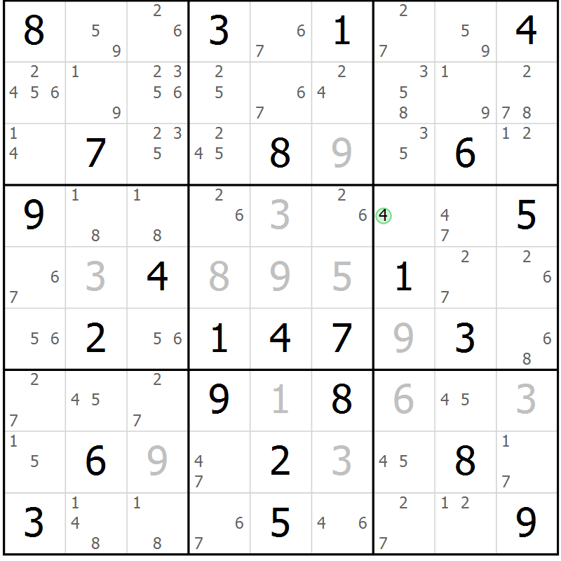 Position des candidats pour la solution de la Gr 83 page 86 du magazine de sudoku Maestro n° 103
