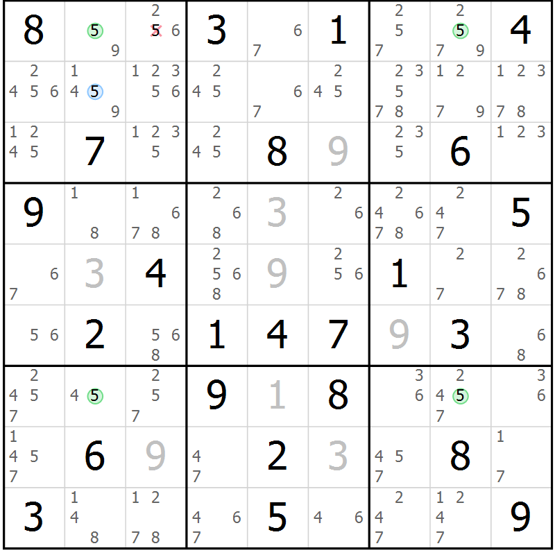 Position des candidats pour la solution de la Gr 83 page 86 du magazine de sudoku Maestro n° 103