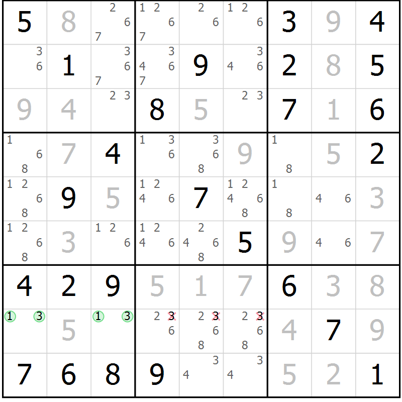 Position des candidats pour la solution de la Gr 84 page 87 du magazine de sudoku Maestro n° 103