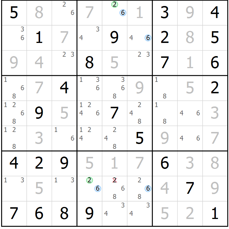 Position des candidats pour la solution de la Gr 84 page 87 du magazine de sudoku Maestro n° 103