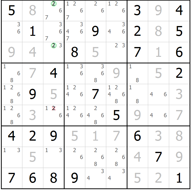 Position des candidats pour la solution de la Gr 84 page 87 du magazine de sudoku Maestro n° 103