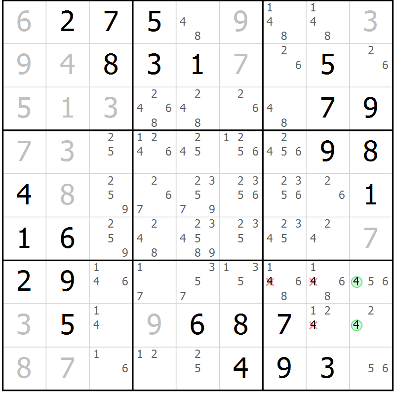 Position des candidats pour la solution de la Gr 1 page 4 du magazine de sudoku Maestro n° 104