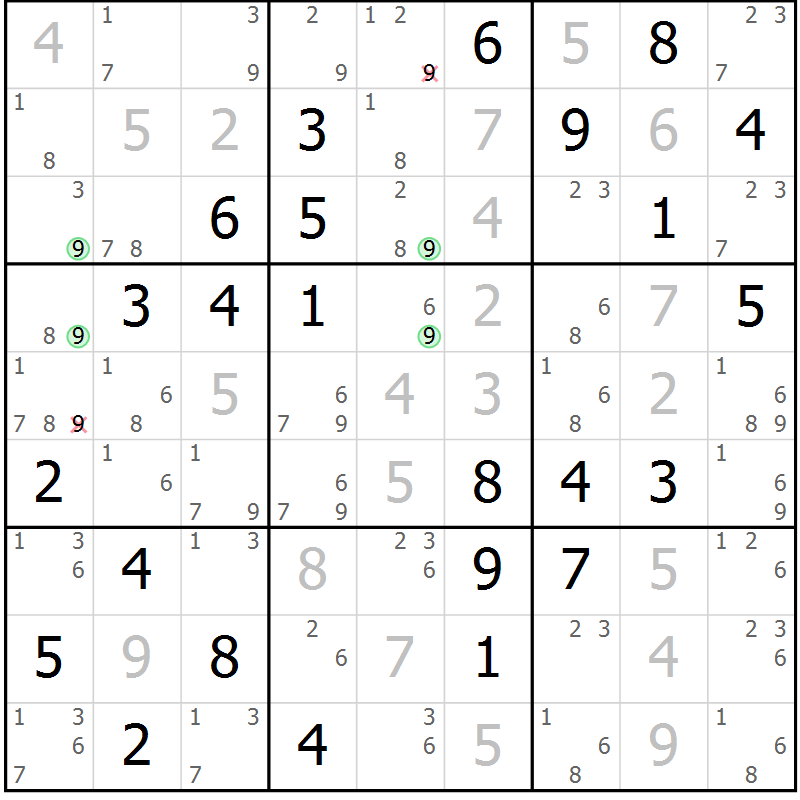 Position des candidats pour la solution de la Gr 10 page 13 du magazine de sudoku Maestro n° 104