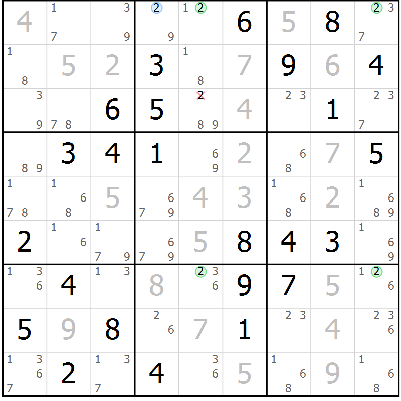 Position des candidats pour la solution de la Gr 10 page 13 du magazine de sudoku Maestro n° 104