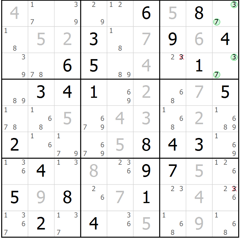 Position des candidats pour la solution de la Gr 10 page 13 du magazine de sudoku Maestro n° 104