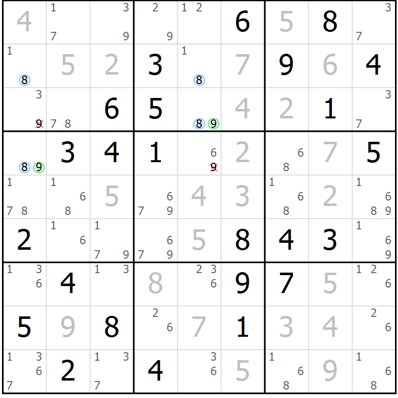 Position des candidats pour la solution de la Gr 10 page 13 du magazine de sudoku Maestro n° 104