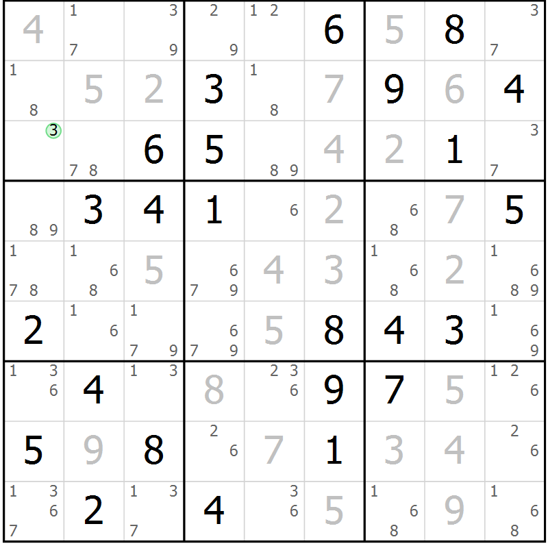 Position des candidats pour la solution de la Gr 10 page 13 du magazine de sudoku Maestro n° 104