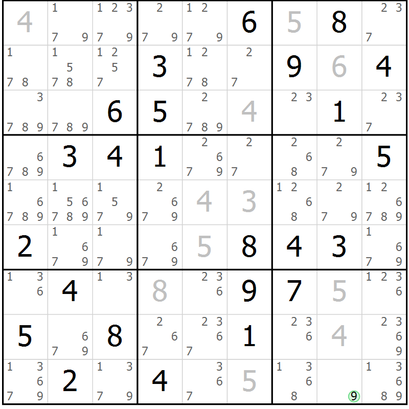 Position des candidats pour la solution de la Gr 10 page 13 du magazine de sudoku Maestro n° 104
