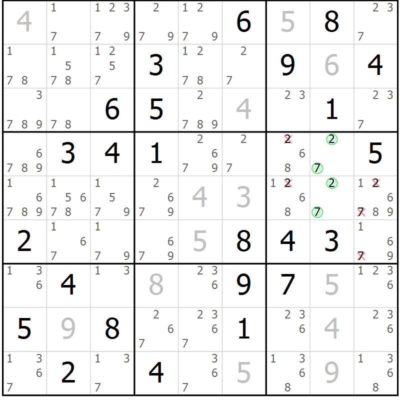 Position des candidats pour la solution de la Gr 10 page 13 du magazine de sudoku Maestro n° 104
