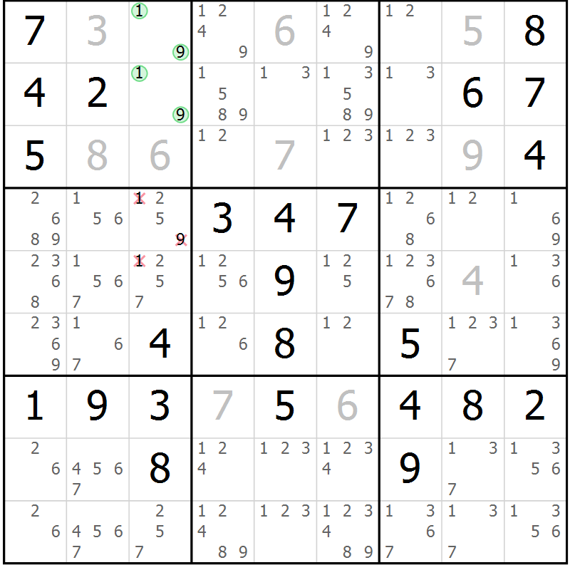 Position des candidats pour la solution de la Gr 13 page 16 du magazine de sudoku Maestro n° 104