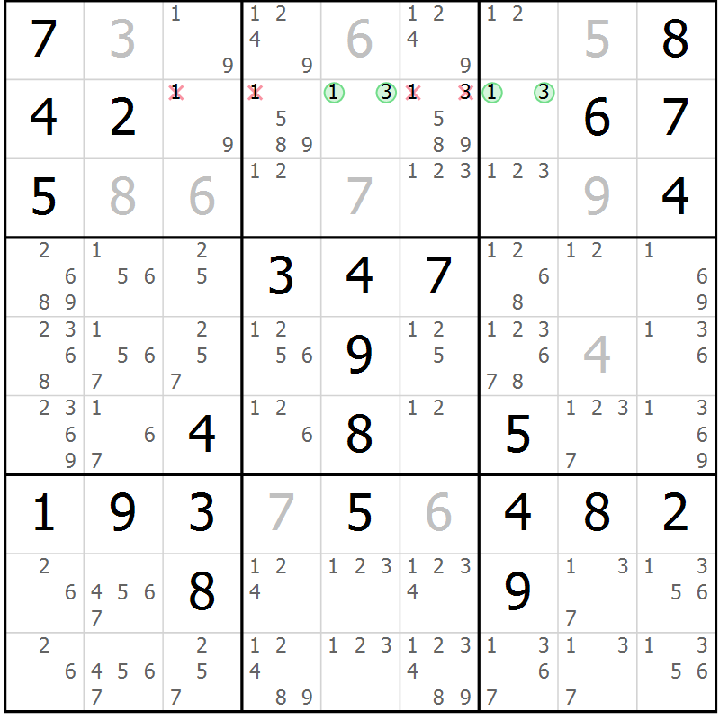 Position des candidats pour la solution de la Gr 13 page 16 du magazine de sudoku Maestro n° 104