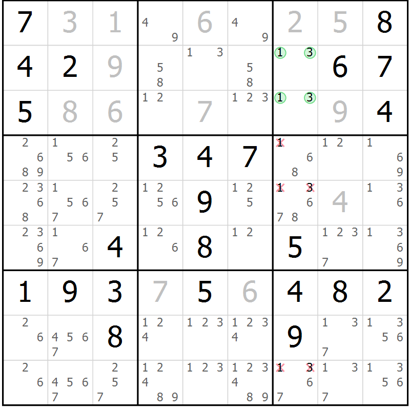 Position des candidats pour la solution de la Gr 13 page 16 du magazine de sudoku Maestro n° 104