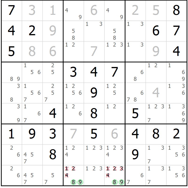 Position des candidats pour la solution de la Gr 13 page 16 du magazine de sudoku Maestro n° 104