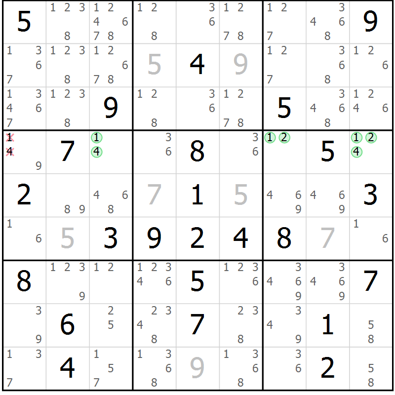 Position des candidats pour la solution de la Gr 14 page 17 du magazine de sudoku Maestro n° 104
