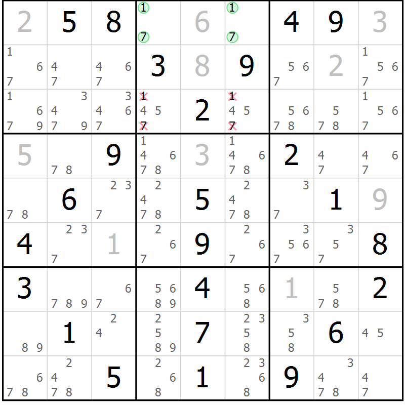 Position des candidats pour la solution de la Gr 17 page 20 du magazine de sudoku Maestro n° 104