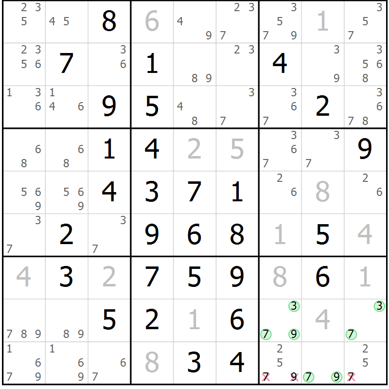 Position des candidats pour la solution de la Gr 18 page 21 du magazine de sudoku Maestro n° 104