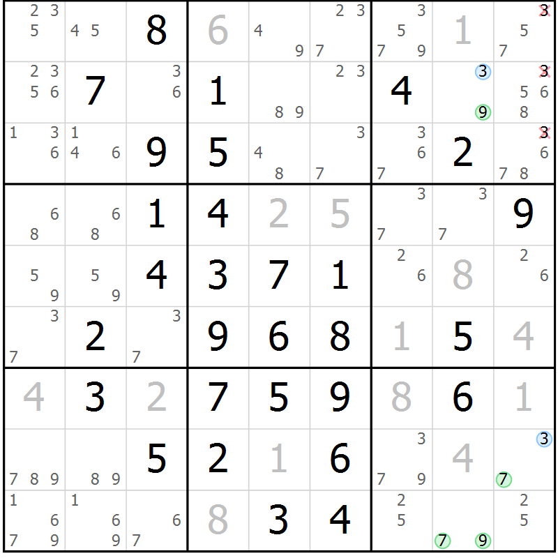 Position des candidats pour la solution de la Gr 18 page 21 du magazine de sudoku Maestro n° 104