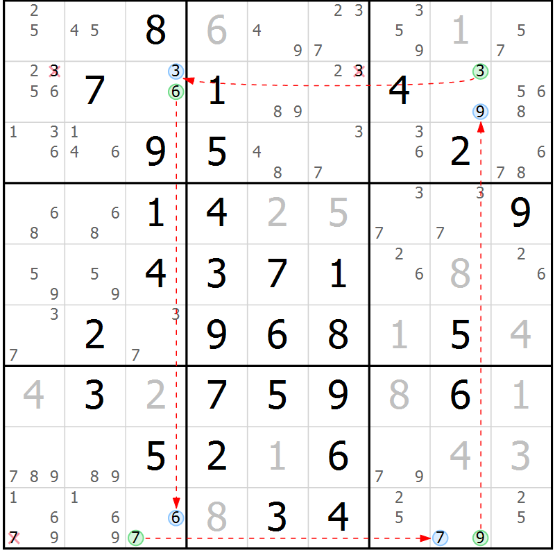 Position des candidats pour la solution de la Gr 18 page 21 du magazine de sudoku Maestro n° 104
