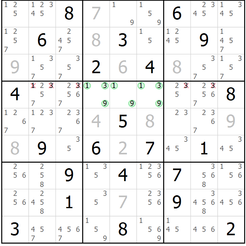 Position des candidats pour la solution de la Gr 2 page 5 du magazine de sudoku Maestro n° 104