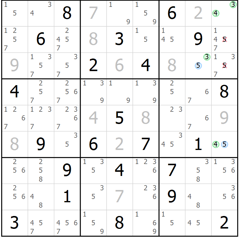 Position des candidats pour la solution de la Gr 2 page 5 du magazine de sudoku Maestro n° 104