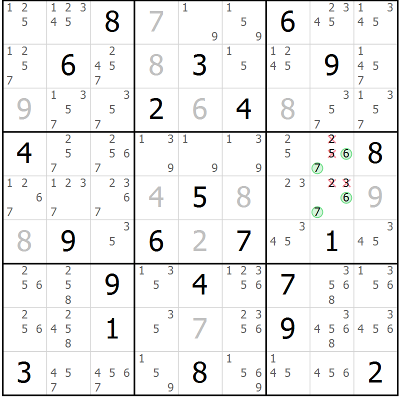 Position des candidats pour la solution de la Gr 2 page 5 du magazine de sudoku Maestro n° 104
