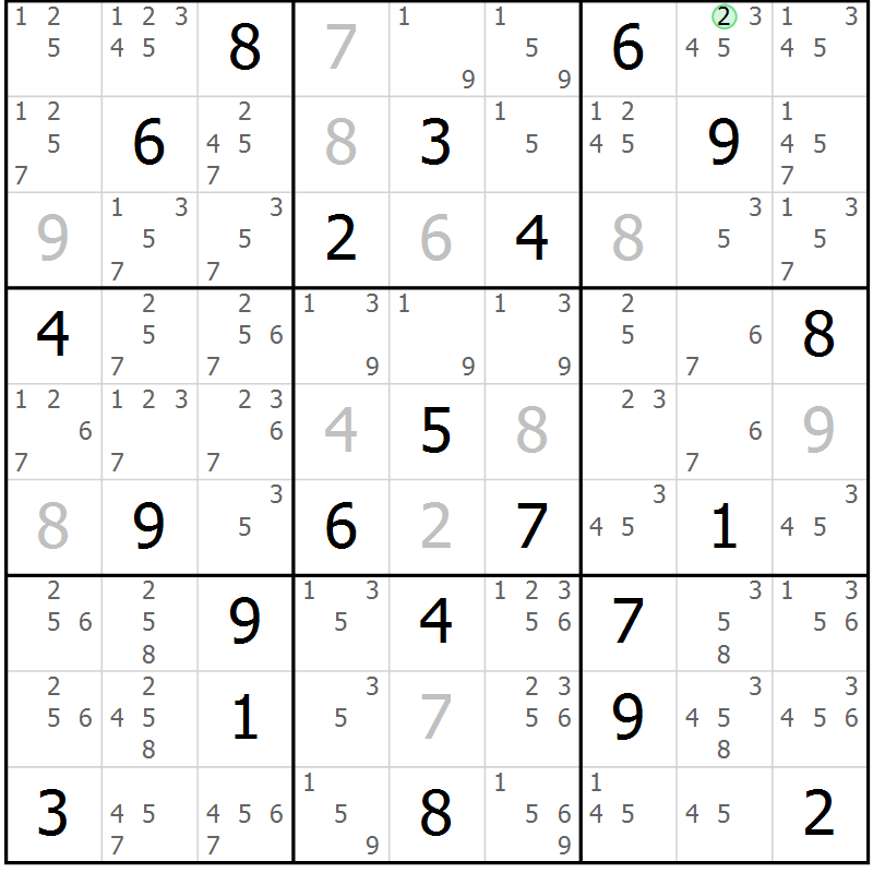 Position des candidats pour la solution de la Gr 2 page 5 du magazine de sudoku Maestro n° 104