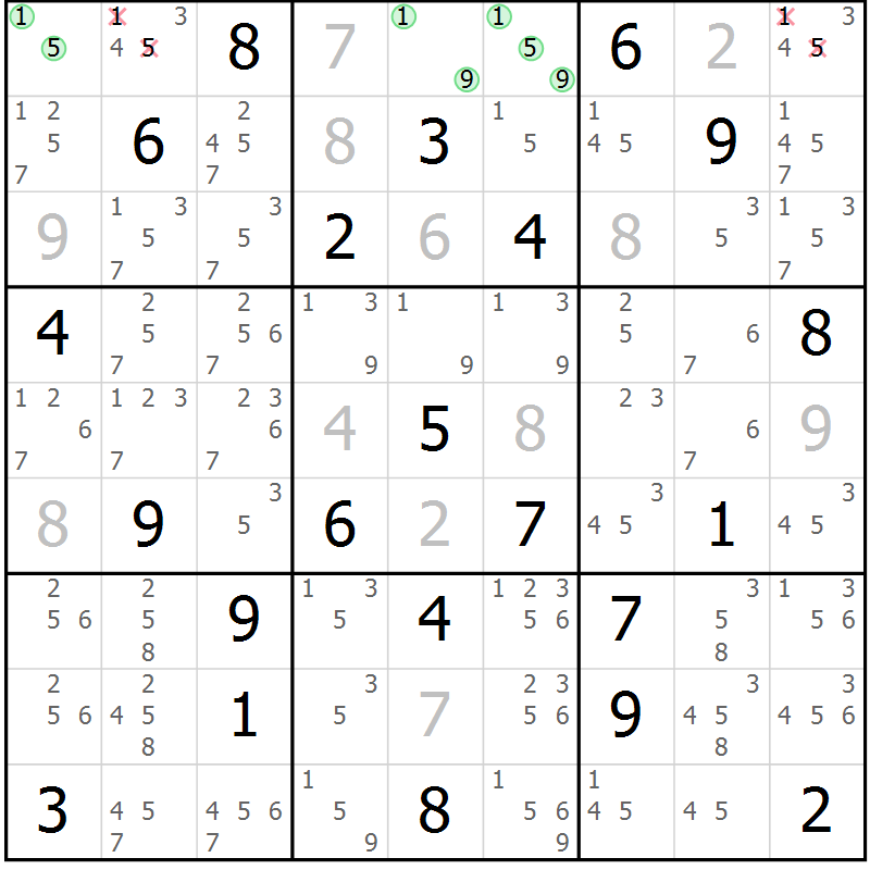 Position des candidats pour la solution de la Gr 2 page 5 du magazine de sudoku Maestro n° 104