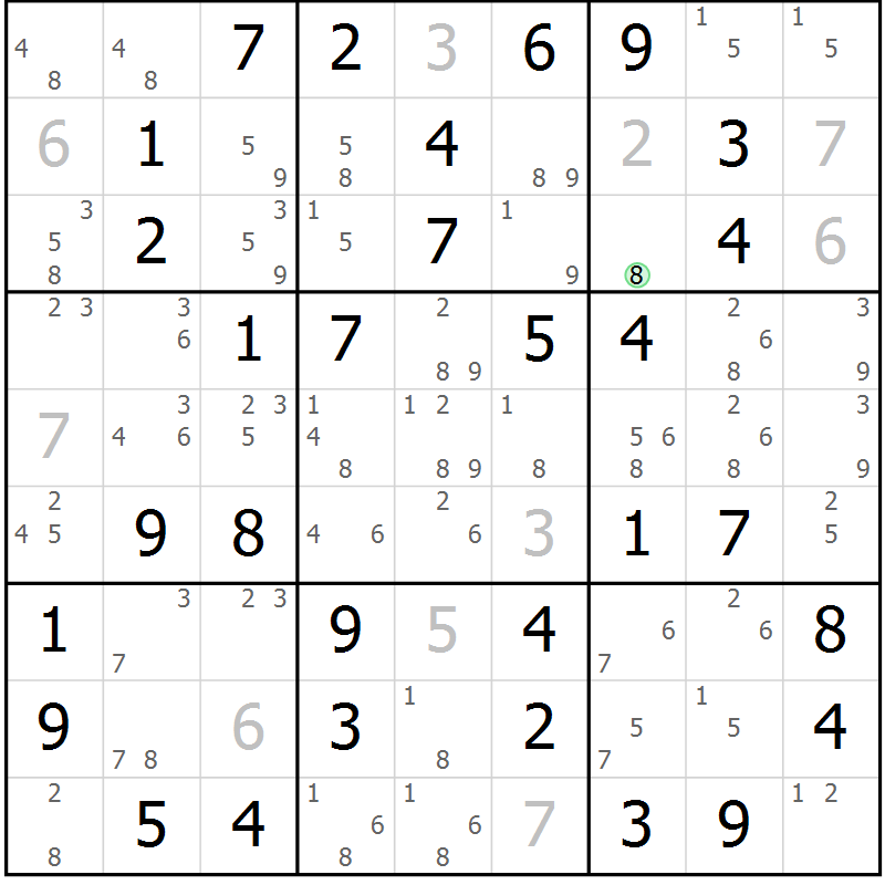 Position des candidats pour la solution de la Gr 20 page 23 du magazine de sudoku Maestro n° 104