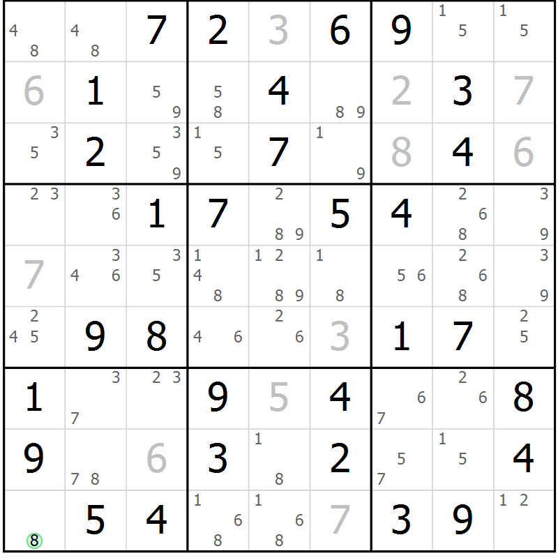 Position des candidats pour la solution de la Gr 20 page 23 du magazine de sudoku Maestro n° 104
