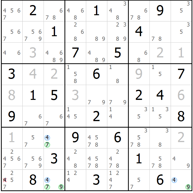 Position des candidats pour la solution de la Gr 23 page 26 du magazine de sudoku Maestro n° 104