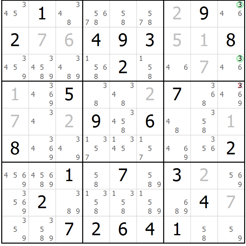 Position des candidats pour la solution de la Gr 25 page 28 du magazine de sudoku Maestro n° 104