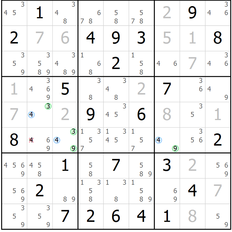 Position des candidats pour la solution de la Gr 25 page 28 du magazine de sudoku Maestro n° 104