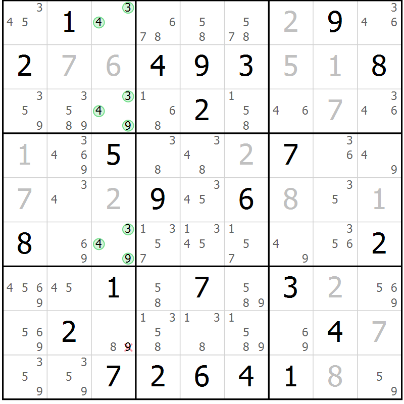 Position des candidats pour la solution de la Gr 25 page 28 du magazine de sudoku Maestro n° 104