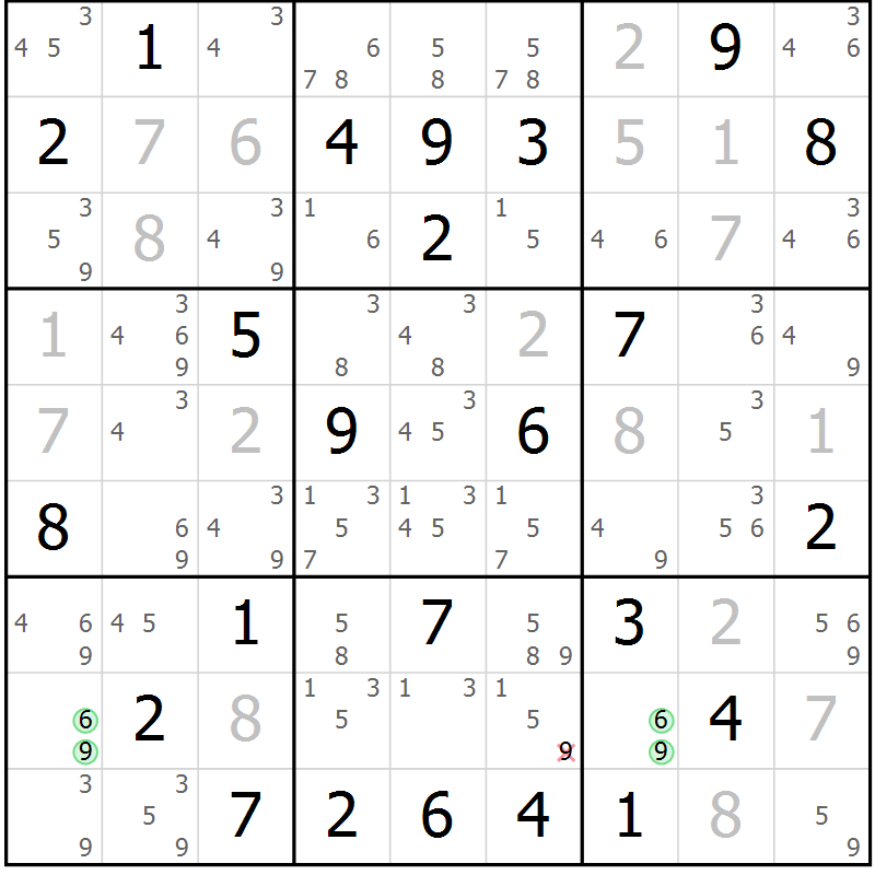 Position des candidats pour la solution de la Gr 25 page 28 du magazine de sudoku Maestro n° 104