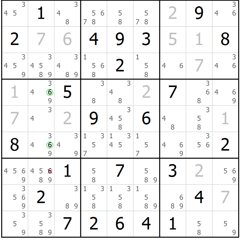 Position des candidats pour la solution de la Gr 25 page 28 du magazine de sudoku Maestro n° 104