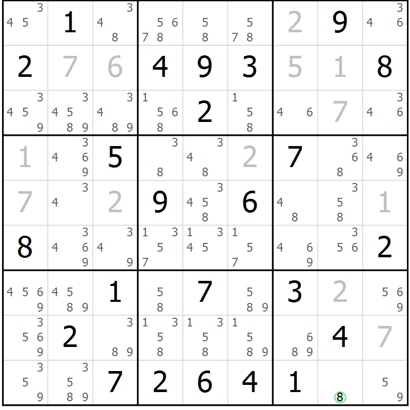 Position des candidats pour la solution de la Gr 25 page 28 du magazine de sudoku Maestro n° 104