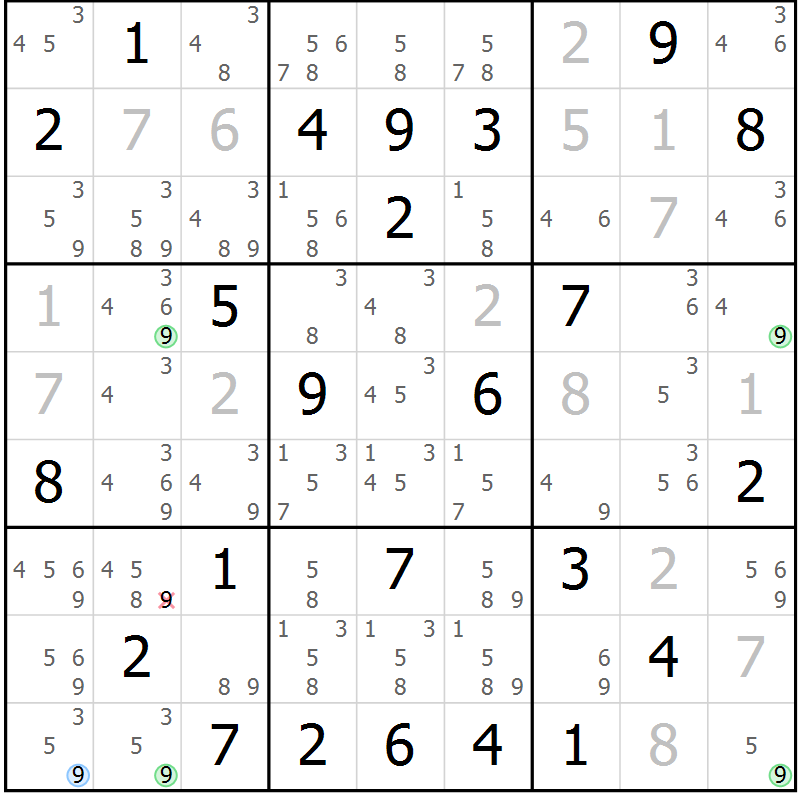 Position des candidats pour la solution de la Gr 25 page 28 du magazine de sudoku Maestro n° 104
