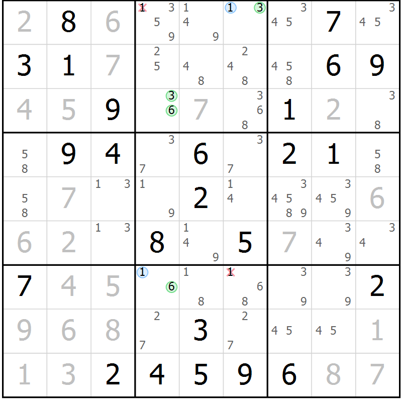 Position des candidats pour la solution de la Gr 26 page 29 du magazine de sudoku Maestro n° 104