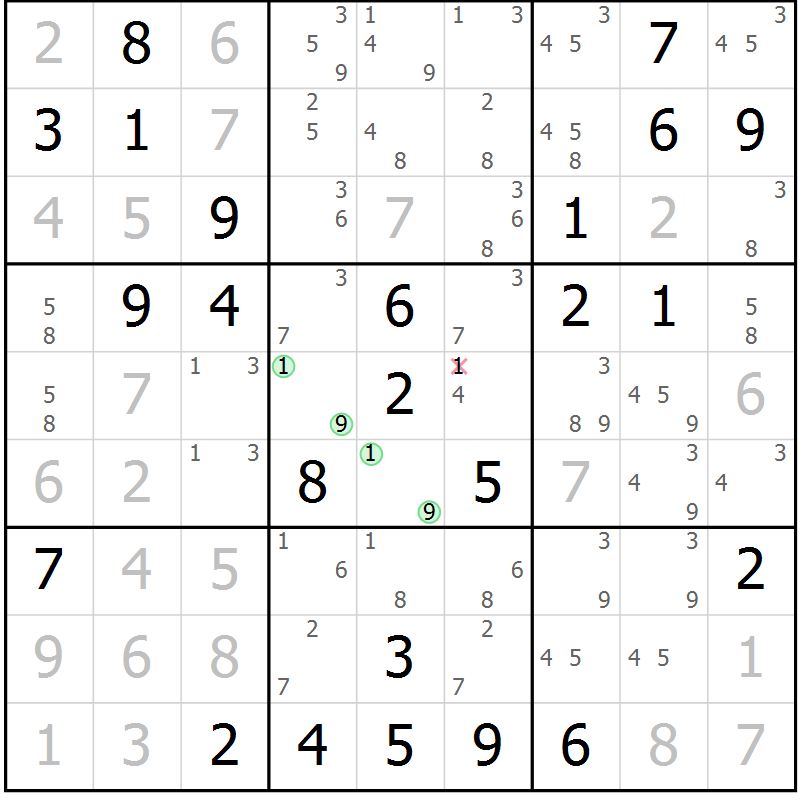 Position des candidats pour la solution de la Gr 26 page 29 du magazine de sudoku Maestro n° 104