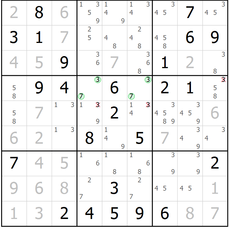 Position des candidats pour la solution de la Gr 26 page 29 du magazine de sudoku Maestro n° 104