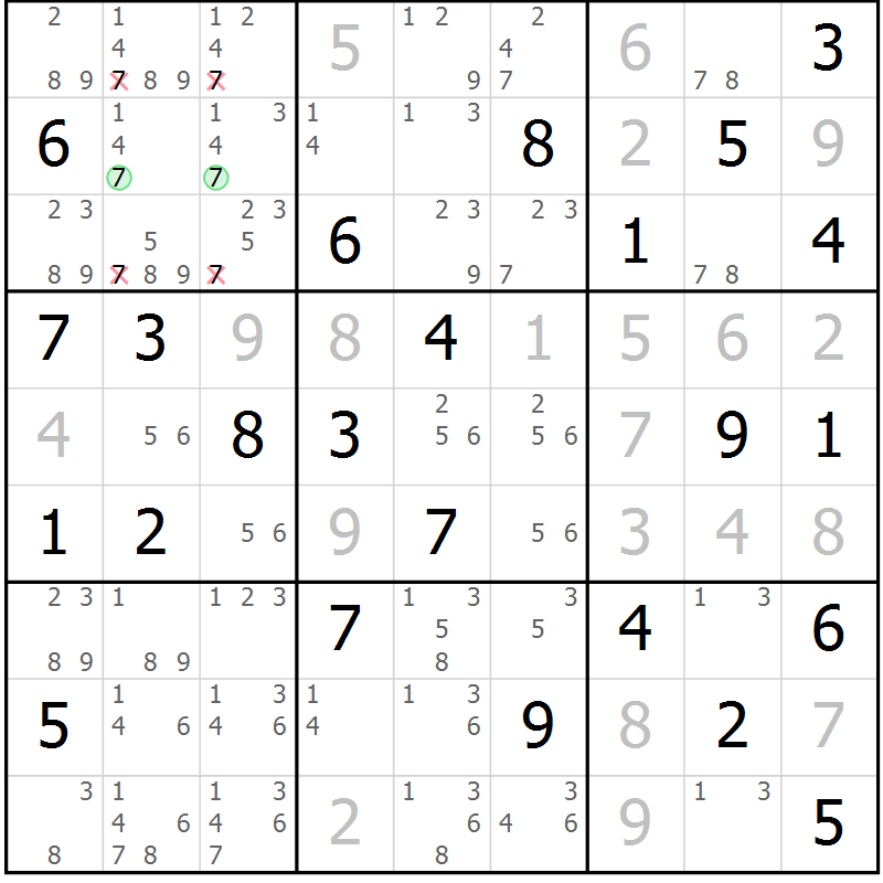 Position des candidats pour la solution de la Gr 27 page 30 du magazine de sudoku Maestro n° 104
