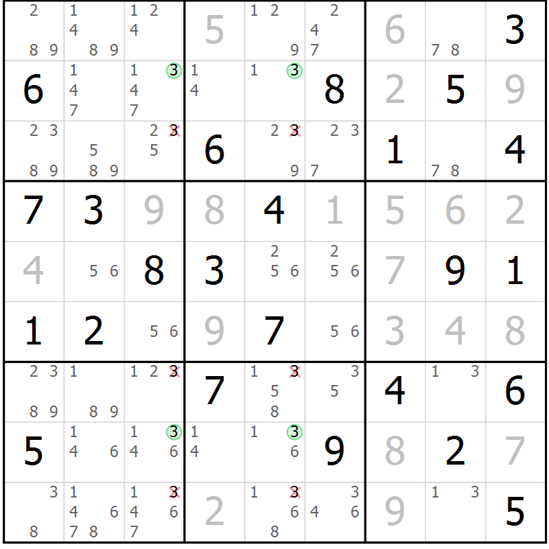 Position des candidats pour la solution de la Gr 27 page 30 du magazine de sudoku Maestro n° 104