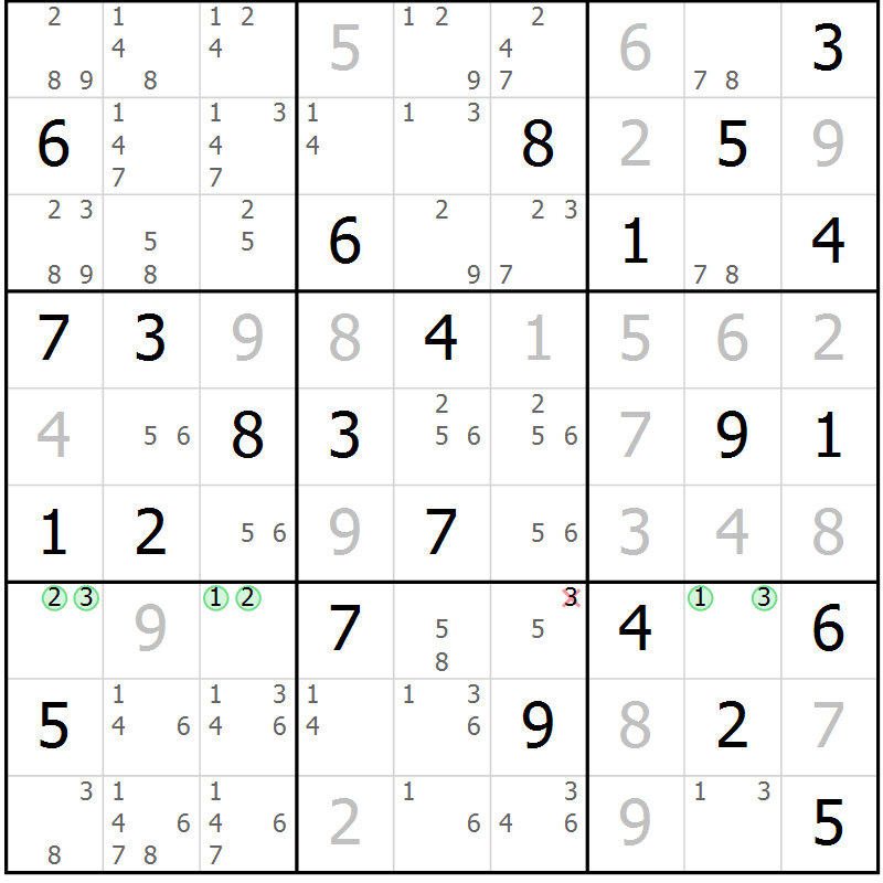 Position des candidats pour la solution de la Gr 27 page 30 du magazine de sudoku Maestro n° 104
