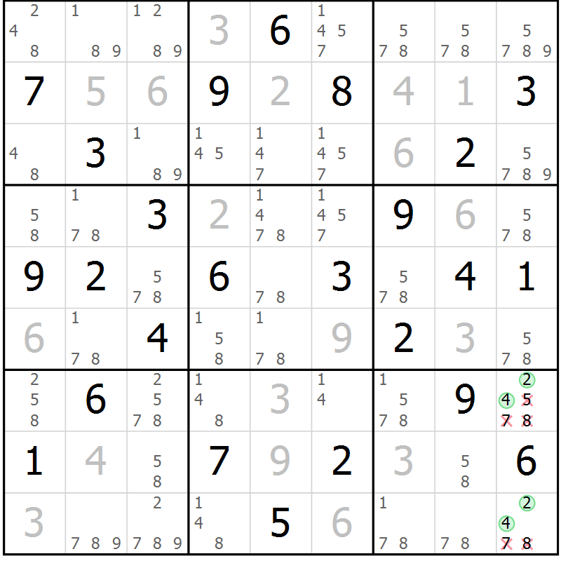 Position des candidats pour la solution de la Gr 28 page 31 du magazine de sudoku Maestro n° 104